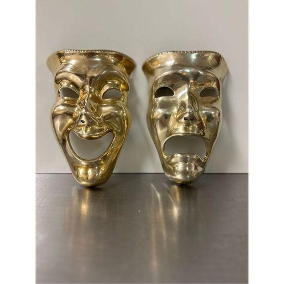 No Brand Accents Vintagesolid Brass Theater Masks Pair Of Comedy Tragedy Brass Wall Masks